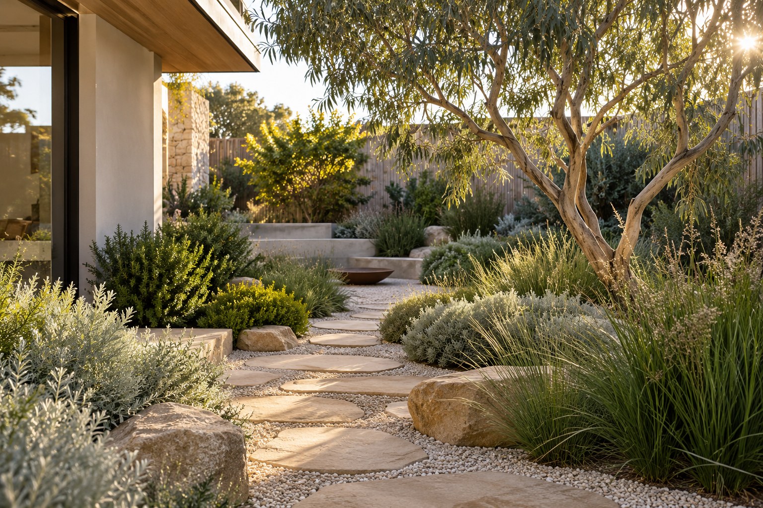 Native planting in a sunlit Australian courtyard garden