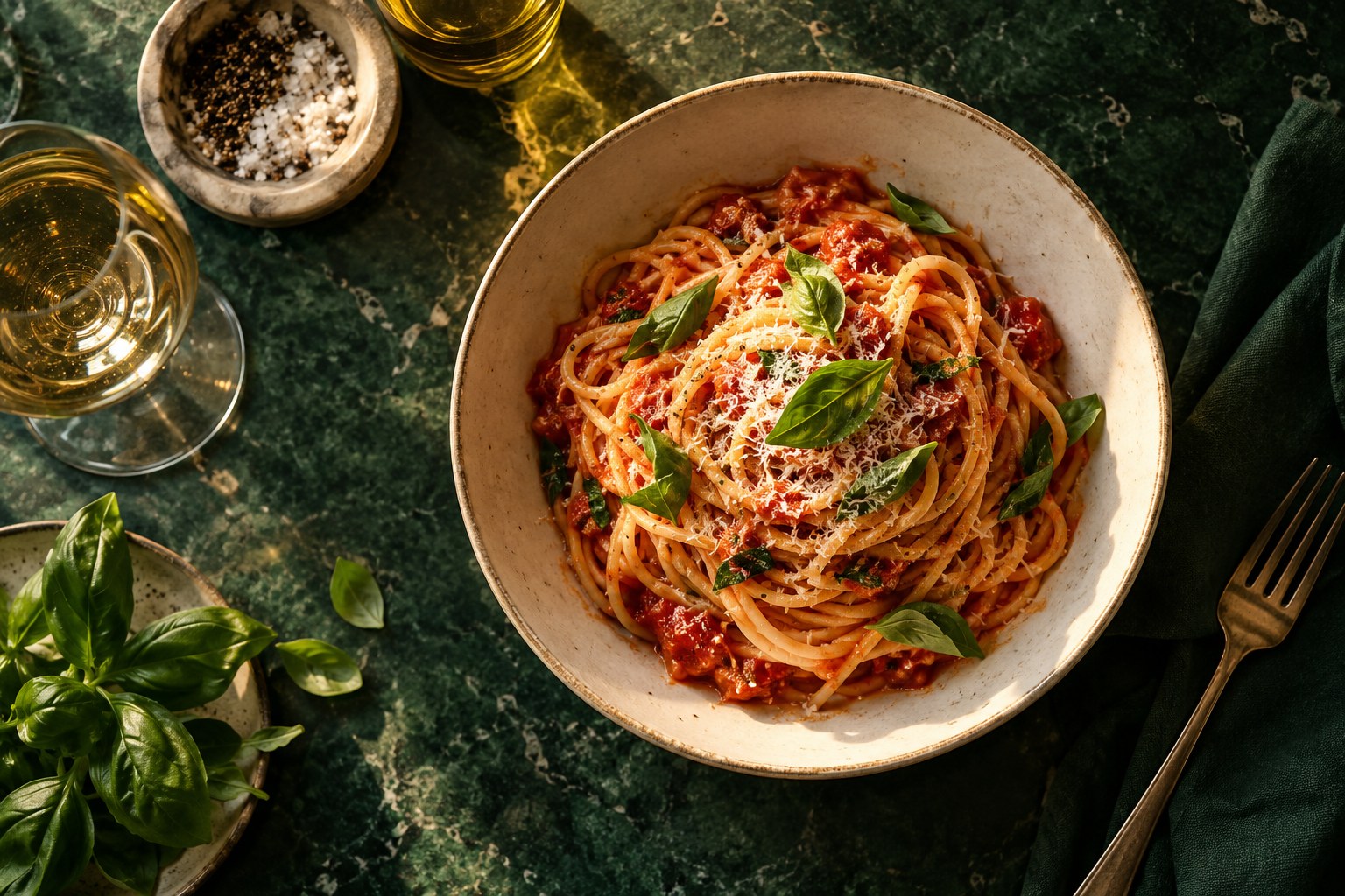 Fresh pasta with tomato and basil on a green table